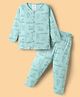 First Smile Sinker Knit Full Sleeves Co-ords Night Suit With Animal Print - Sea Green