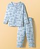 First Smile Sinker Knit Full Sleeves Co-ords Night Suit With Animal Print - Light Blue