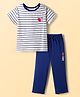Pine Kids Cotton Knit Half Sleeves Night Suit with Stripes & Fruits Print - White & Blue