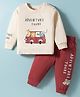 CUCUMBER Terry Knit Full Sleeves T-Shirt & Joggers Set with Vehicle & Animal Patch Print - Peach & Maroon