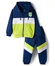 Doodle Poodle 100% Cotton Looper Terry Knit Full Sleeves Colorblock Hooded T-Shirt & Joggers Set - Navy Blue & Neon Green