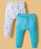 Kookie Kids Interlock Knit Full length Diaper Leggings with Animal Print Pack of 2 - White & Aqua Blue