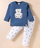 Ollypop Interlock Knit Full Sleeves T-Shirt & Lounge Pant Set With Animal Embriodery - Navy Blue & White