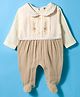 ToffyHouse Muslin Knit Full Sleeves Footed Sleep Suit With Floral Embroidery - Off White & Beige