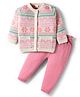 Babyhug Knit Full Sleeves  Front Open Sweater Sets With Floral Print - White & Pink
