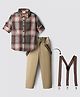 Rikidoos Full Sleeves Checked Shirt Pant With Bow & Suspender Set - Dark Grey & Khaki