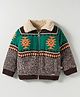 Yellow Apple Knit Full Sleeves Front Open Sweater with Aztec Design - Green
