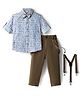 Rikidoos Full Sleeves Puppies Printed Shirt & Pant With Bow & Suspender Set - Light Blue & Khaki