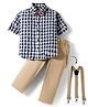 Rikidoos Full Sleeves Checked Shirt & Pant With Bow & Suspender Set - Navy Blue & Fawn