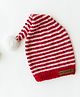 The Original Knit Striped Pom Pom Detailed Handmade Cap - Diameter - 30 Cms - Red & White