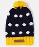 The Original Knit Knit Self Designed Pom Pom Embellished Cap -  Navy Blue & Yellow- 36 cm