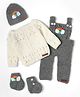 The Original Knit Knit Rainbow Designed Dungaree With Full Sleeves Sweater Cap & Socks Set - Off White & Grey