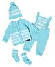 The Original Knit Knit Abstract Designed Dungaree With Full Sleeves Coordinating Sweater Cap & Socks Set - Sky Blue