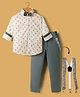 Radutu Full Sleeves Abstract Printed Shirt Pant With Bow & Suspender Set - White & Grey