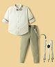 Radutu Full Sleeves Abstract Printed Shirt Pant With Bow & Suspender Set - White & Pista