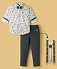 Radutu Full Sleeves Nautical Theme Printed Shirt Pant With Bow & Suspender Set - White & Dark Grey