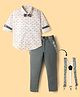 Radutu Full Sleeves Abstract Printed Shirt Pant With Bow & Suspender Set - White & Grey