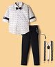 Radutu Full Sleeves Abstract Printed Shirt Pant With Bow & Suspender Set - White & Navy Blue