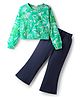 CrayonFlakes Cotton Knit Full Sleeves Floral Printed Crop Top With Flared Pant Set - Green