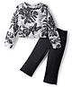 CrayonFlakes Cotton Knit Full Sleeves Floral Printed Crop Top With Flared Pant Set - Black & White