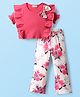 CrayonFlakes Cotton Knit Half Peasant Sleeves Bow Applique Detailed Crop Top With Flared Pant Set - Pink