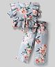 CrayonFlakes Rayon Woven Half Peasant Sleeves Floral Printed Crop Top With Coordinating Pant Set - Blue