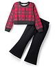 CrayonFlakes Cotton Knit Full Sleeves Checked Crop Top With Flared Pant Set - Red