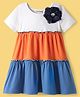 CrayonFlakes Cotton Knit Half Sleeves Floral Applique Detailed Colour Blocked Tiered Dress - White