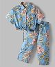 CrayonFlakes Rayon Woven Half Sleeves Floral Printed Shirt Style Crop Top With Coordinating Belted Palazzo Set - Blue