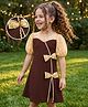 Hola Bonita Knit Half Sleeves Frock with Lace Detailing & Bow Applique - Brown