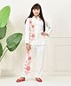 Bella Moda Cotton Woven Full Sleeves Floral & Leaf Embroidered Coordinating Shirt Style Top & Pant Set - White