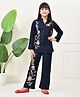 Bella Moda Cotton Woven Full Sleeves Floral & Leaf Embroidered Coordinating Shirt Style Top & Pant Set - Navy Blue