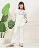Bella Moda Cotton Woven Full Puffed Sleeves Floral Embroidered Top & Pant Set - White