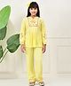 Bella Moda Cotton Woven Full Puffed Sleeves Floral Embroidered Top & Pant Set - Yellow