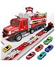 Happy Hues Big Hauler Storage & Deform Truck Toy with 55 inch 2 Ejection Race Track & 6 Cars- Catapult Truck with LED Light & Music for Kids-Red