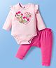 Doodle Poodle 100% Cotton Interlock Knit Full Sleeves Onesie with Diaper Leggings with Floral Print & Frill Dteailing - Pink-A-Boo & Fandango Pink