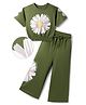 Ollington St. Cotton Knit Half Sleeves Floral Printed  Top & Pant Set - Olive Green