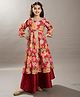 Bitiya By Bhama Silk Woven Three Fourth Sleeves Floral Printed Gota Lace Embellished Kurti Lehenga - Maroon