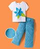 OLLINGTON ST. Cotton Knit Half Sleeves Floral Printed Top & Corduroy Pant Set - White & Light Blue