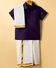 Dapper Dudes Half Sleeves Solid Shirt With Mundu Lungi & Geometric Foil Printed Angavastram Set - Violet