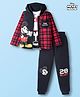 Pine Kids Disney Terry Knit Full Sleeves Hooded Sweatjacket T-Shirt and Joggers with Mickey Mouse Graphics - Red & Black