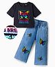 OLLINGTON ST. Cotton Knit Printed Half Sleeves Butterfly Top & Denim Pant Set - Black & Blue