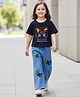 OLLINGTON ST. Cotton Knit Printed Half Sleeves Butterfly Top & Denim Pant Set - Black & Blue