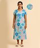 Putchi Cotton Knit Half Sleeves Floral Printed Maternity Nighty With Front Layer Lift Nursing Access - Blue