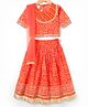 Teentaare Cotton Woven Half Sleeves Motif Printed Choli Lehenga Set with Dupatta & Lace Detailing - Orange
