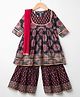 Teentaaare Cotton Woven Three Fourth Sleeves Kurti Gharara & Dupatta Set with Floral Print - Black