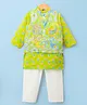 Teentaare Cotton Woven Full Sleeves Kurta Pajama Set with Jacket & Motif Print - Lime Green & White