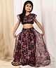 NEUDIS Organza Woven Frill Sleeves Floral Printed Gota Lace Embellished Coordinating Lehanga Choli Set - Dark Purple