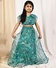 NEUDIS Organza Woven Frill Sleeves Floral Printed Gota Lace Embellished Coordinating Lehanga Choli Set - Turquoise