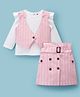 ToffyHouse Cotton Woven Full Sleeves Star Printed Top & Striped Skirt Set with Waist Coat & Belt - Pink & White